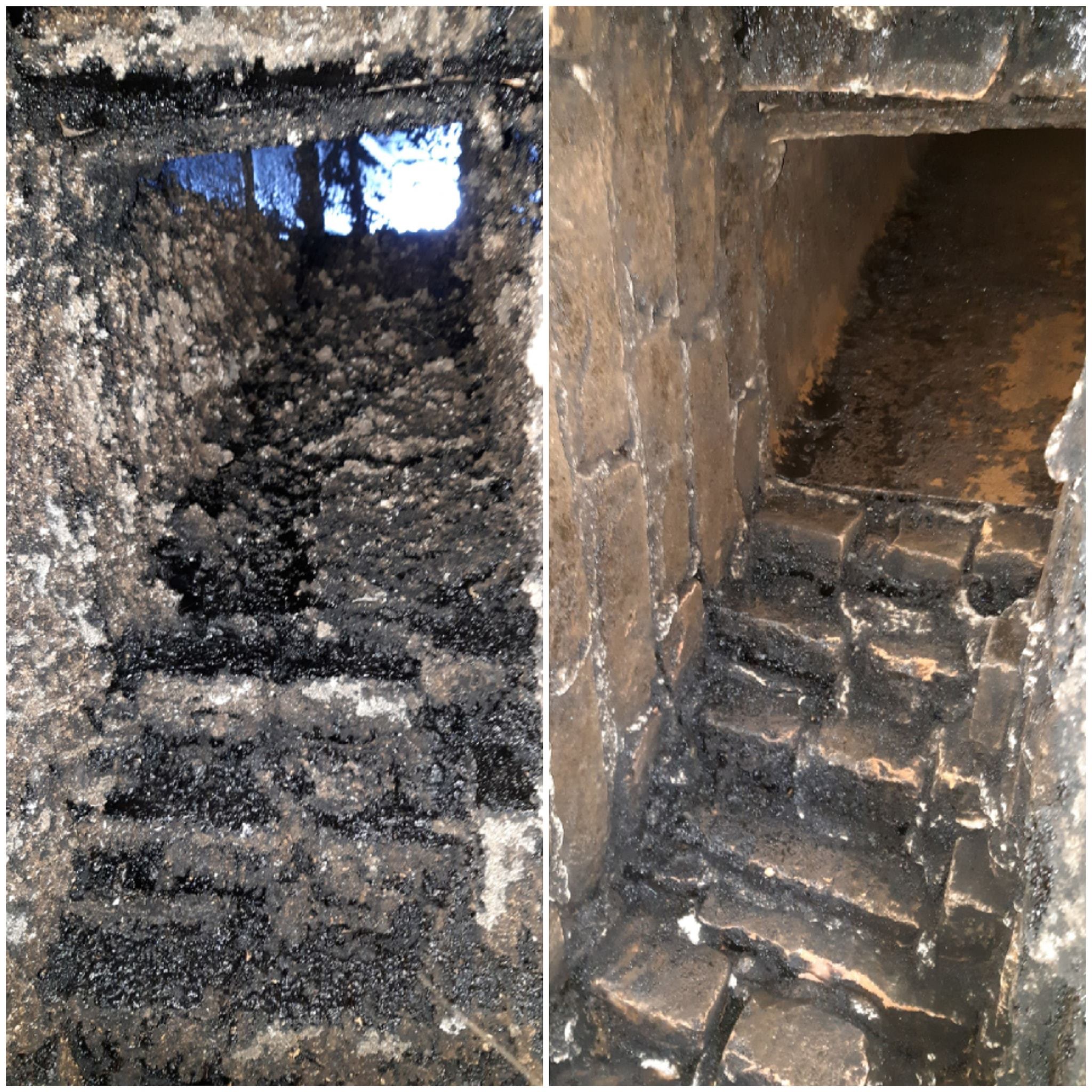 A before and after cleaning photo of an improperly parged smoke chamber in NH